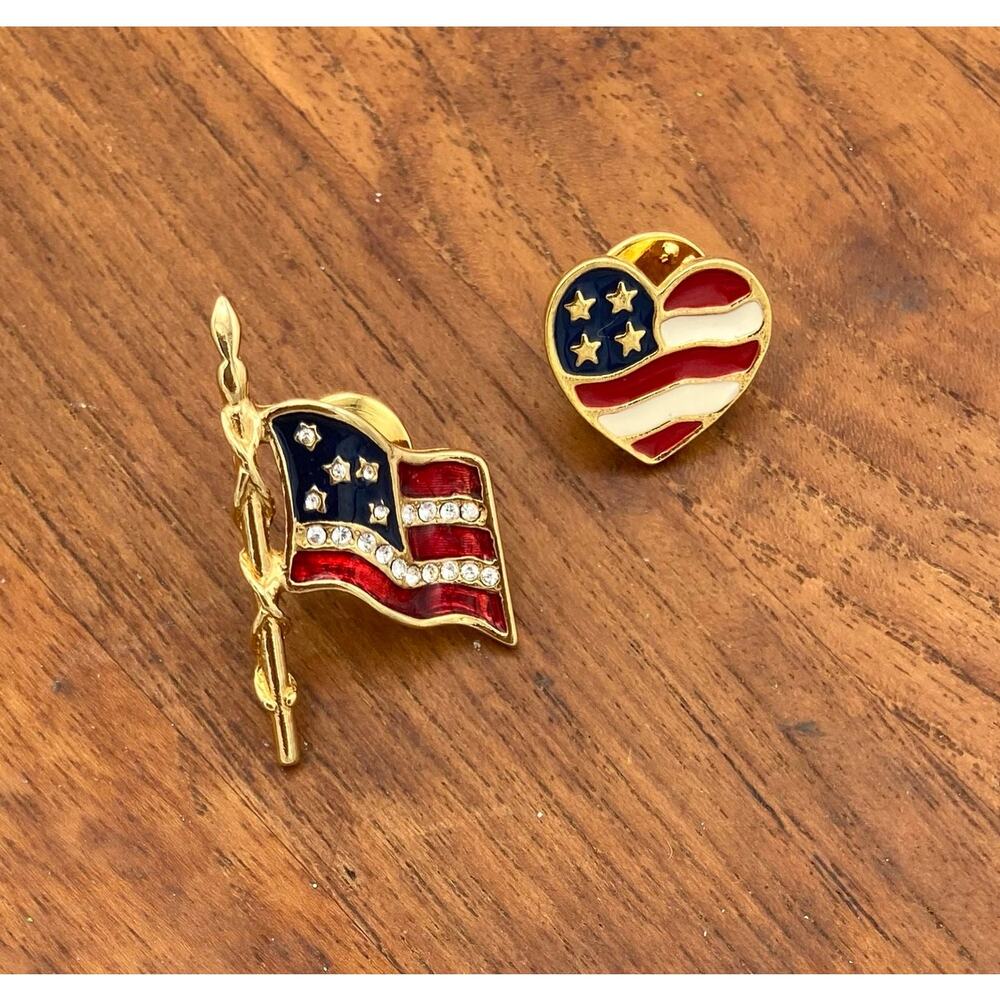 Vintage Patriotic Pins Lot of 2 Carolee USA Flag & Avon Heart with Stars Stripes
